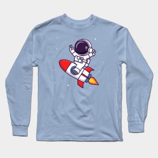 Cute Astronaut Riding Rocket With Peace Sign Cartoon Long Sleeve T-Shirt